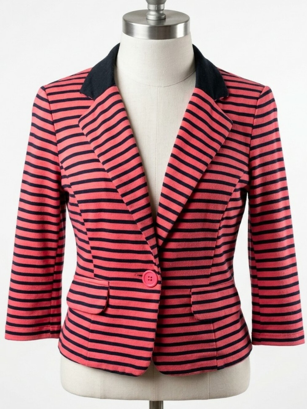 Vintage Sans Souci 90s Red Black Striped Cropped Blazer Jacket • Soft Jersey • M - Picture 1 of 9